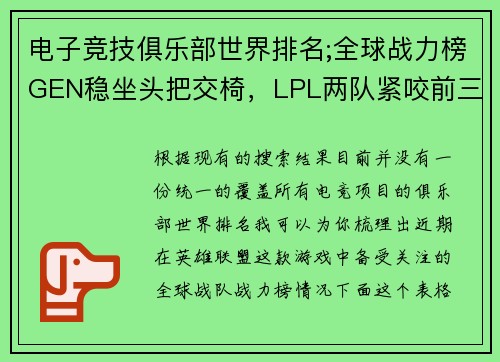 电子竞技俱乐部世界排名;全球战力榜GEN稳坐头把交椅，LPL两队紧咬前三甲